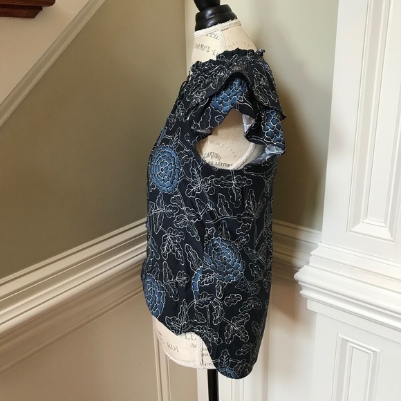 Charlotte Brody Top Shirt Womens XS Black Blue Flutter Sleeve Floral Print Silk - Picture 8 of 12